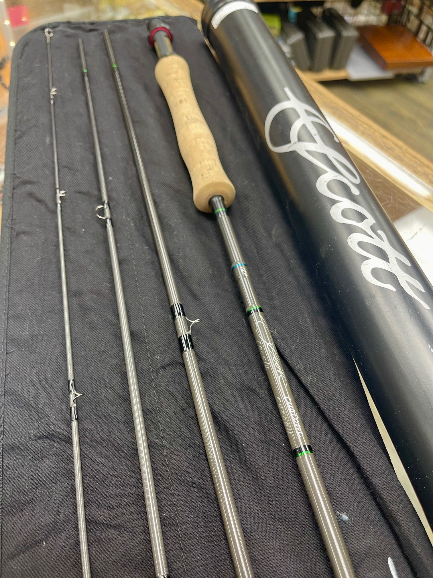 Scott Centric 9' 5wt 4pc Fly Rod - Lightly Used - Custom with Green and Blue Wraps, previous owners name is written on blank (tube is missing end cap)
